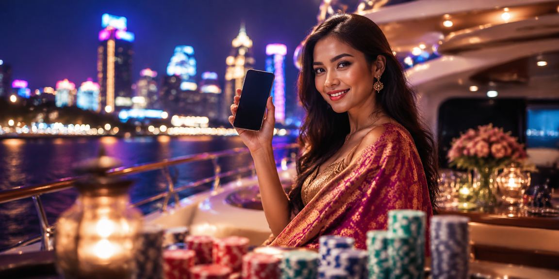 Tampilan aplikasi casino dan taruhan dengan efek cahaya neon di layar smartphone malam hari
