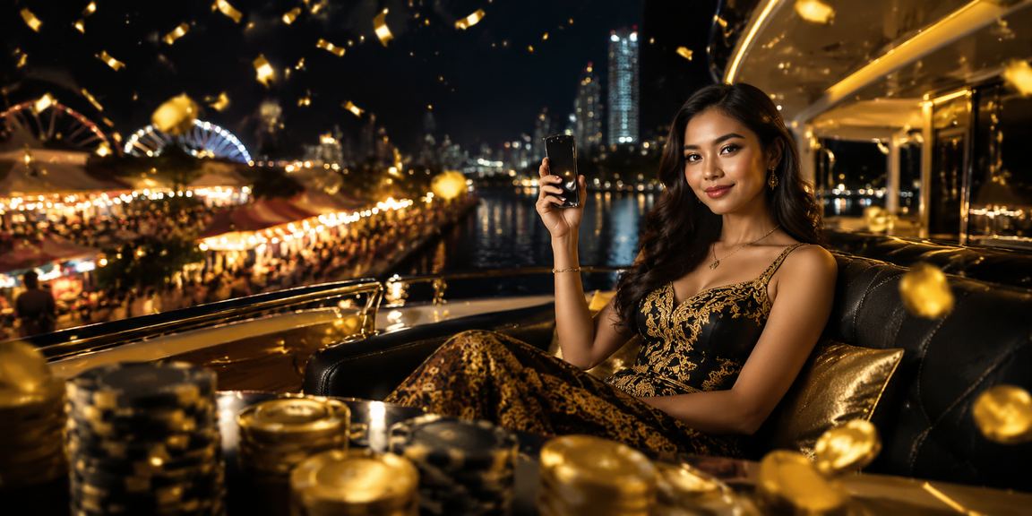 Suasana malam penuh cahaya di pasar malam tempat member VIP menikmati bonus eksklusif