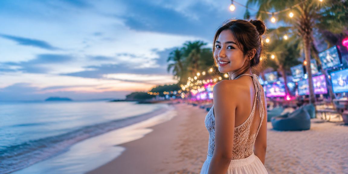 Suasana taruhan esports di tepi pantai dengan layar besar menampilkan turnamen gaming internasional